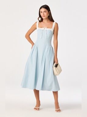 Sleeveless Blue Stripe Midi Dress with Cream Trim
